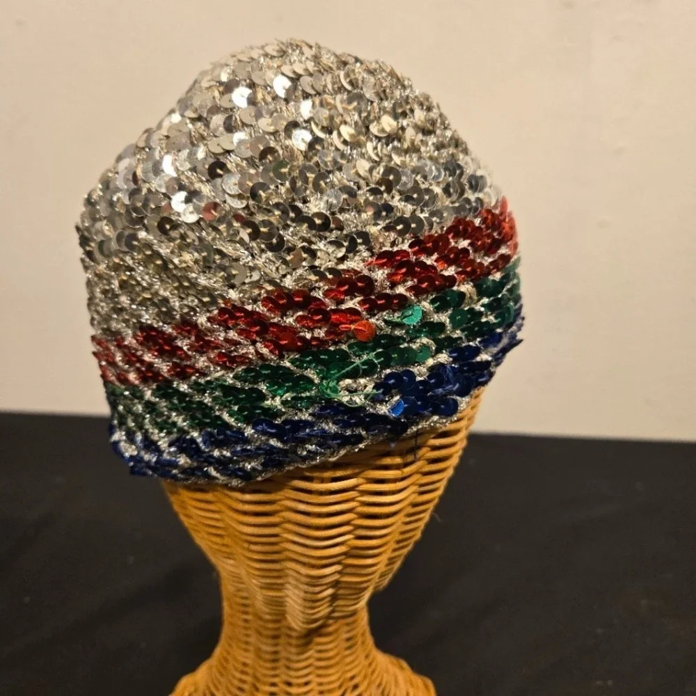 Vtg 70s Halston  Crocheted Sequin Disco Skull Cap
